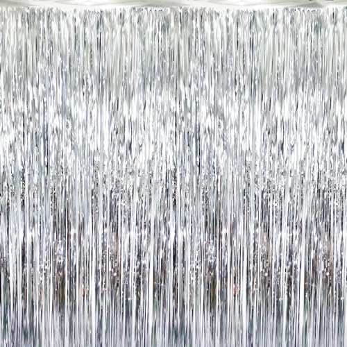 Image of GOER 3.2 ft x 9.8 ft Metallic Tinsel Foil Fringe Curtains for Party Photo Backdrop Decor (Silver,5 pcs)