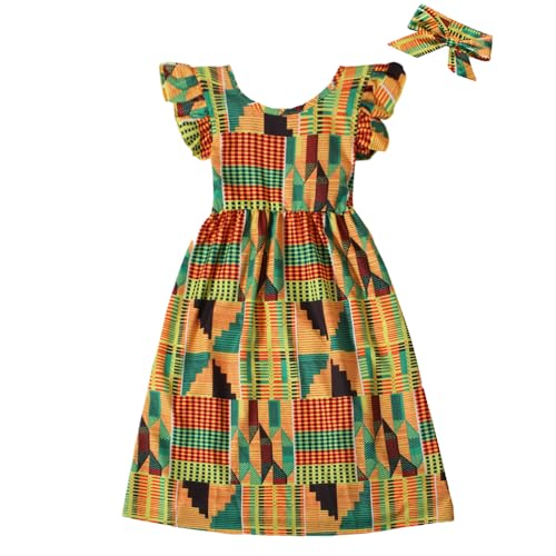 XFGLCK Toddler Baby Girls Summer Dress Boho Print African Tradition Halter Dresses Party Wedding Formal Clothes (US Age 5 Years 6 Years Yellow Ruffle)