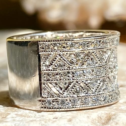 White Gold Plated Cubic Zirconia Stylish Wide Statement Ring Personalized Accessory Ideal for Women's Daily Casual Wear Party Holiday Anniversary Love Jewelry Gift4
