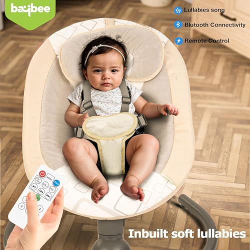 Image of BAYBEE Electric Baby Swing Cradle for New Born Baby | Rocker for Babies with Adjustable Speed & Safety Belt | Automatic Swing Cradle with Mosquito Net, Music & Toys for Infant Boys Girls (Beige)