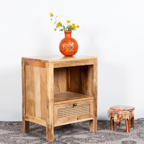 Image of Wooden Bedside Table for Bedroom with Drawers | Solid Wood Safor Rattan Bed Side Table with Drawers | Side Table for Living Room | Traditional Chest of Drawer for Home (Natural)