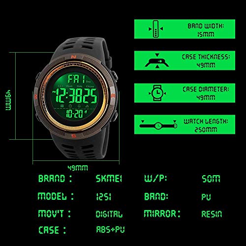 Men's Digital Plastic Sports Watch Waterproof Military Stopwatch Countdown Watches for Men (Gold)3