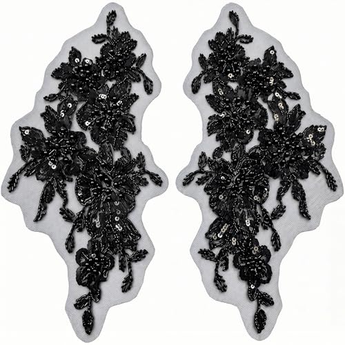 Zrguangze Exquisite Pearl Embroidery Lace Beaded Applique Flower Trim for Wedding Bridal Dress Party Gown Bodice Craft DIY 1 Pair Black