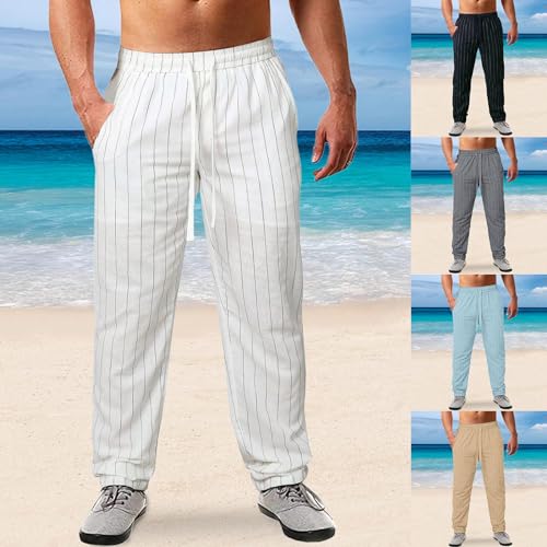 Mens Linen Vertical Striped Pants Drawstring Eastic Waist Casual Beach Trousersmen 5