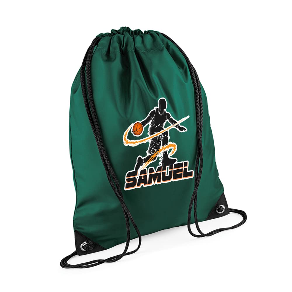 Personalised Basketball Player ANY NAME Sports Lover Gift for Men, Boy, Friend, Birthday present Drawstring Bag, PE Gym Kit Swimming, Sport Rucksack. (Bottle Green) — image 1