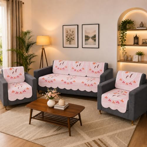 Image of STITCHNEST Florenza Pink 10 Piece Cotton Net Sofa Slip Cover |5 Seater