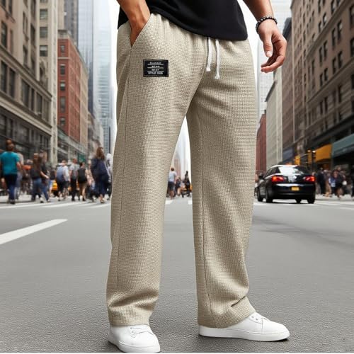 Mokaloha Mens Waffle Pants, Men's Casual Waffle Embroidered Logo Elastic Waist Loose and Comfortable Trousers3