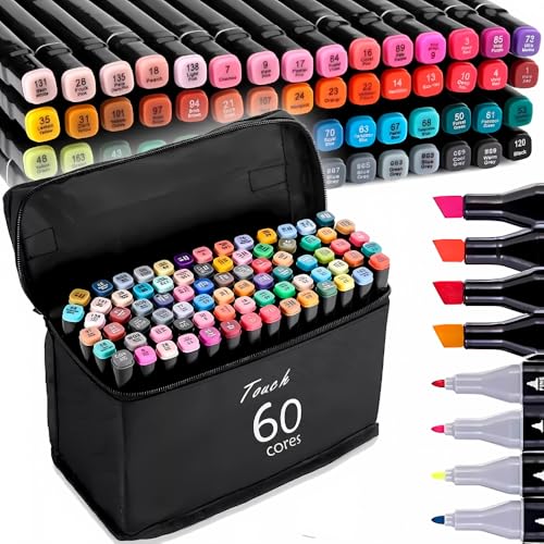 Kit Canetinhas Coloridas 60 Cores com Pontas Duplas Profissional, Conjunto Caneta Brush para Livros de Colorir para Crianças e Adultos, Canetinha Brush para Desenho, Ponta Fina e Pincel (60 cores)