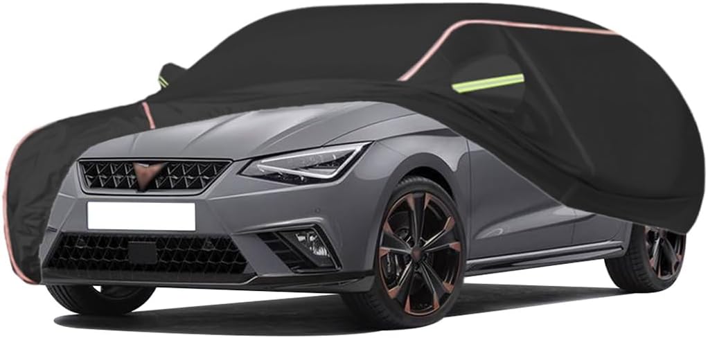 WOLWES Car Cover are Suitable for Cupra Ibiza All-Weather Windproof, Snowproof, Rainproof, UV-Protected and Breathable All-Season Universal with Side Door Zip Oxford Cloth Car Cover (Color : Black)