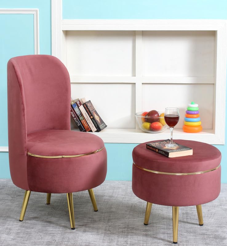 Image of Ottoman for Living Room, Velvet Round Foot Rest Stool, Metal Legs Chair for Sitting, Puffy for Bedroom & Makeup Room Decor | Chair (18 inchx18 inchx32 inch), Puffy (16 inchx16 inchx17 inch) | (Combo-Gajri)