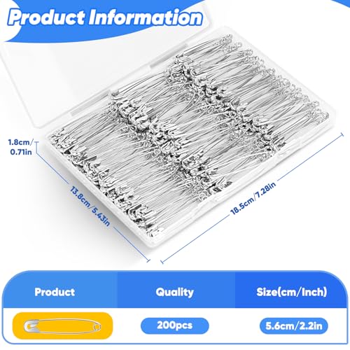 Image of Huhuhero 200Pcs Safety Pins for Clothes, 2.2 inches Large Heavy Duty Safety Pins, Rust-Resistant Nickel Plated Steel Big Pin for Sewing Clothing, Art & Craft Supplies