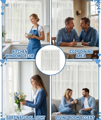 Image of piercing Curtains for Kitchen, Lace Curtains, Kitchen Window Curtains, Sheer Curtains, Kitchen Curtains 29 inchx39 inch Lace Tier 1-Panel Rod Pocket Floral Scalloped Cafe Light Filter White (Style 2)