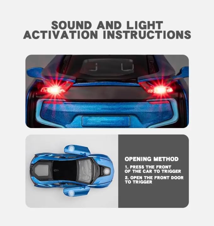Image of WORSHIPER 1:32 B-M-W i8 Toy Car Metal Pull Back Diecast Car with Openable Door and Sound Light, Gifts Toys for Kids (1:32 B -M-W i8 -White Color)