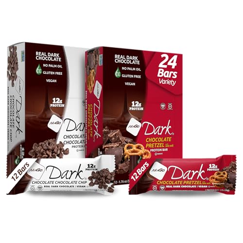 Image of NuGo Dark Variety - Chocolate Pretzel 12 Bars & Chocolate Chocolate Chip 12 Bars, 12g Protein, Vegan, Gluten Free, Non-GMO, Kosher Pareve, 24 Count