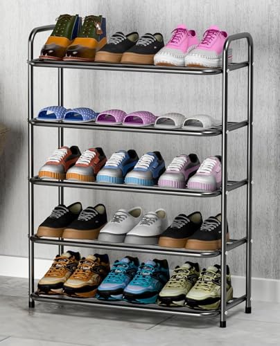 Image of 5-Tier Metal Shoe Rack - Sturdy Black Shoe Organizer for Closet, Entryway, and Bedroom - Space-Saving Storage Shelf for 15 Pairs of Shoes (5 SHLEF SHOE RACK)