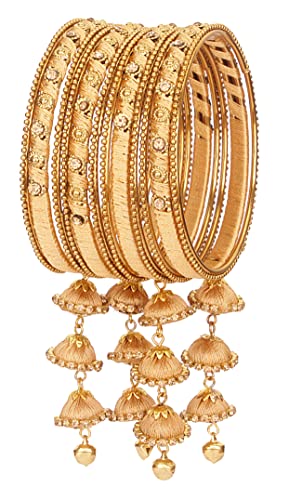 Image of NMII Metal & Silk Thread Jhumka Zircon Latkan Stylish Bangles Set For Women's and Girls | Women's Fancy Latkan Bangles Set | Ethnic Fashion Jewellery- Set of 12 Bangle, (G405 Cream-2.8(2.8))