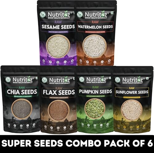 Image of Nutritoz Raw Seeds Combo Pack Of 6 (50g Each) | Weight Loss with Omega-3 Fiber Rich Chia Brown Flax Pumpkin Sunflower Watermelon Sesame (6 X 50 g)