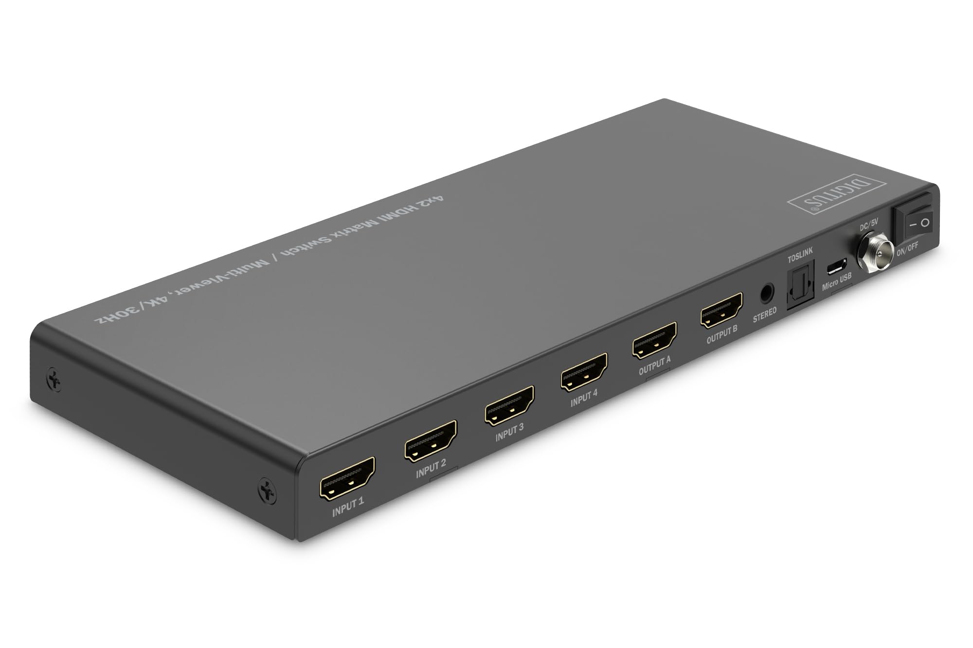 DIGITUS DS-55345 Switch a matrice HDMI 4x2-4 ingressi 2 uscite - UHD 4K/30 Hz HDTV: 3840 x 2160p - HDCP 1.4 e HDMI 1.4b - Multi-Viewer, Split-Screen, PIP - RS232, Audio (Toslink, Stereo 3,5mm)