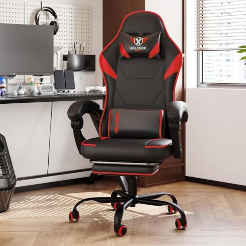 Image of ValorX USA Striker 2026 Edition | Ergonomic Gaming & Office Computer Chair | Premium PU Leather | Dual Massager Back Support | Adjustable Neck & Lumbar Pillow | Ergo Sync Armrests | Footrest (Red)