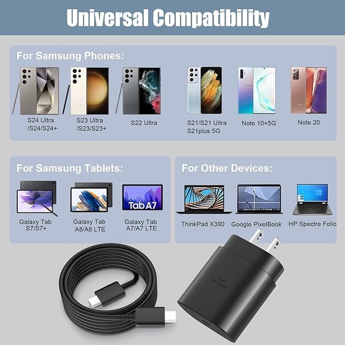Image of Original 25 Watt Fast Speed C to C Charging Cable Compatible With Samsung Galaxy S21|S21+|S21 Ultra|S20|S20+|S20 Ultra|Note 20|Note 20 Ultra|Note 10|Note10+ (Only Cable - Black) BH UY88