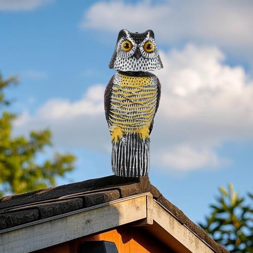 Hausse Fake Owl Decoy to Scare Birds Away, 15 inch Wagging Head Plastic Owl Scarecrow Bird Deterrents, Owl Statue Nature Enemy Horned Pest Repellent for Outdoor Garden Yard