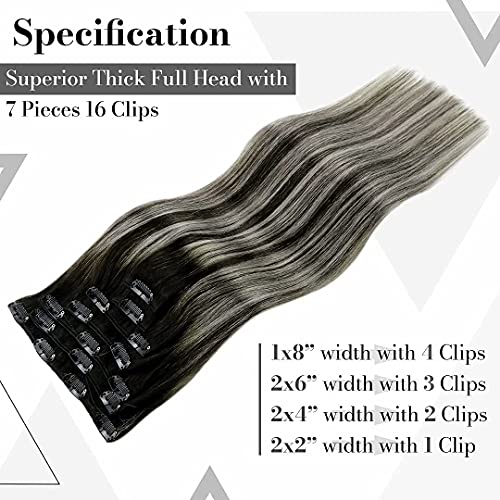 Image of LaaVoo Clip in Hair Extensions Real Human Hair Ombre Natural Black to Silver Grey with Black Remy Human Hair Extensions Clip ins Balayage Clip in Hair Extensions Long Straight 20 Inch 7Pcs 120g