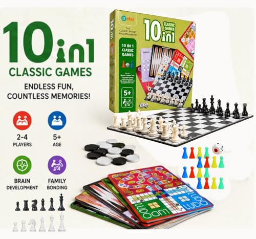 Image of Ekta 10 in 1 Classic Board Games Set for Kids & Family | Chess, Ludo, Snakes & Ladders, Backgammon & More | 5 Double Sided Thick Boards | Indoor Strategy Game for Boys Girls Age 5+