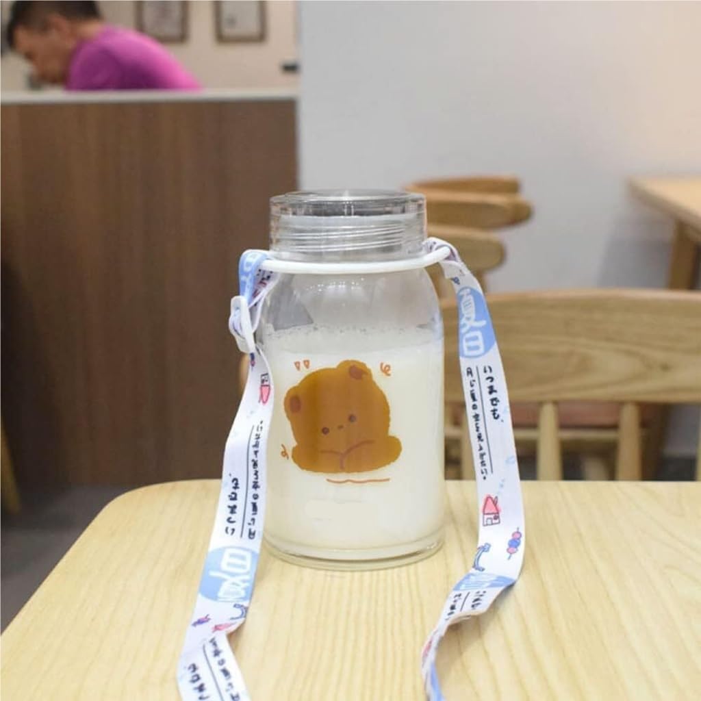 Bicchiere d'Acqua in Vetro Trasparente con Cinturino in borosilicato Resistente al Calore, con Motivo a Orso Marrone, Scuola e Sport
