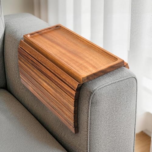 Acacia Wood Couch Armrest Table Couch Arm Tray Foldable Anti-Slip Wood Couch Tray Sofa Cup Holder for Drink Snacks Remote Control