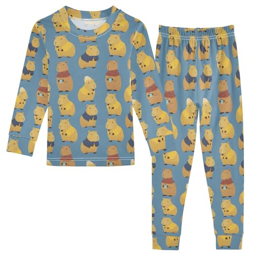 ALAZA Blue Cartoon Capybara 2 Piece Pajama Set Long Sleeve Top and Pants Sleepwear Unisex