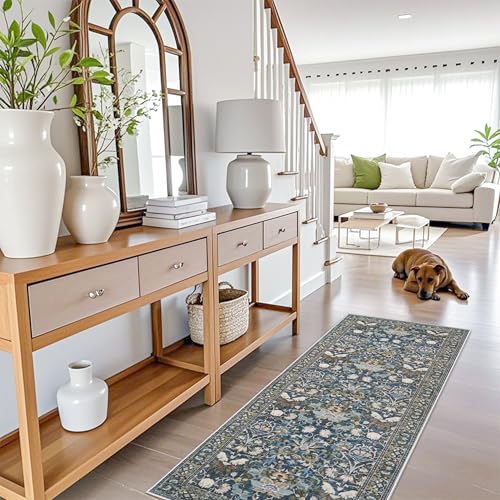 2x5 Decorative Vintage Hallway Runner: Washable Oriental Pet-Friendly Soft Carpet for Bathroom Bedroom Non-Slip Laudry Floor Mat - Low Pile Non-Shedding Rug for Apartments & Homes(2x5,Floral/Blue)