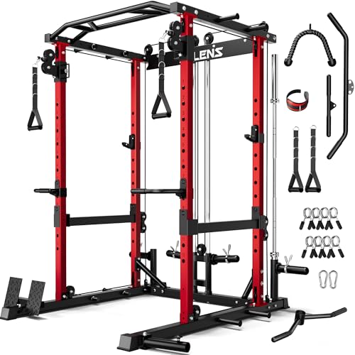 JELENS C12 Squat Rack for Home Gym, 2000LBS Power Rack with Adjustable Pulley System, Power Cage Workout Equipment with LAT Pulldown and Training Attachment (Red, C12 Squat Rack)