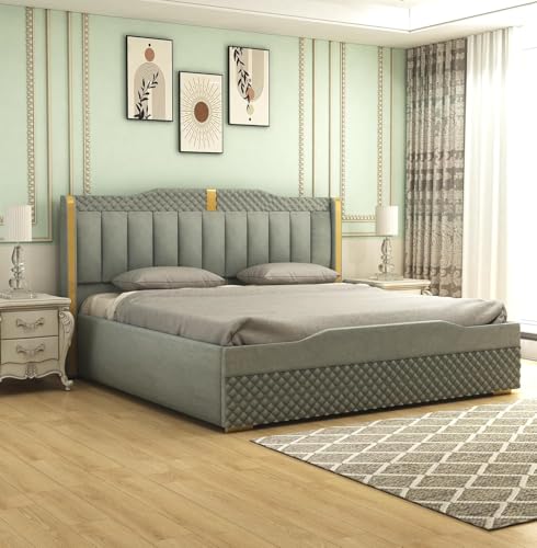 Image of MODESTY WOODS Cozy Upholstered Queen Size Bed with Box Storage for Bedroom | Elegant Wooden Double Bed with Storage | Platform Cot Palang with Upholstery Headboard | 6.5 x 5 Ft | Solid Wood | Grey