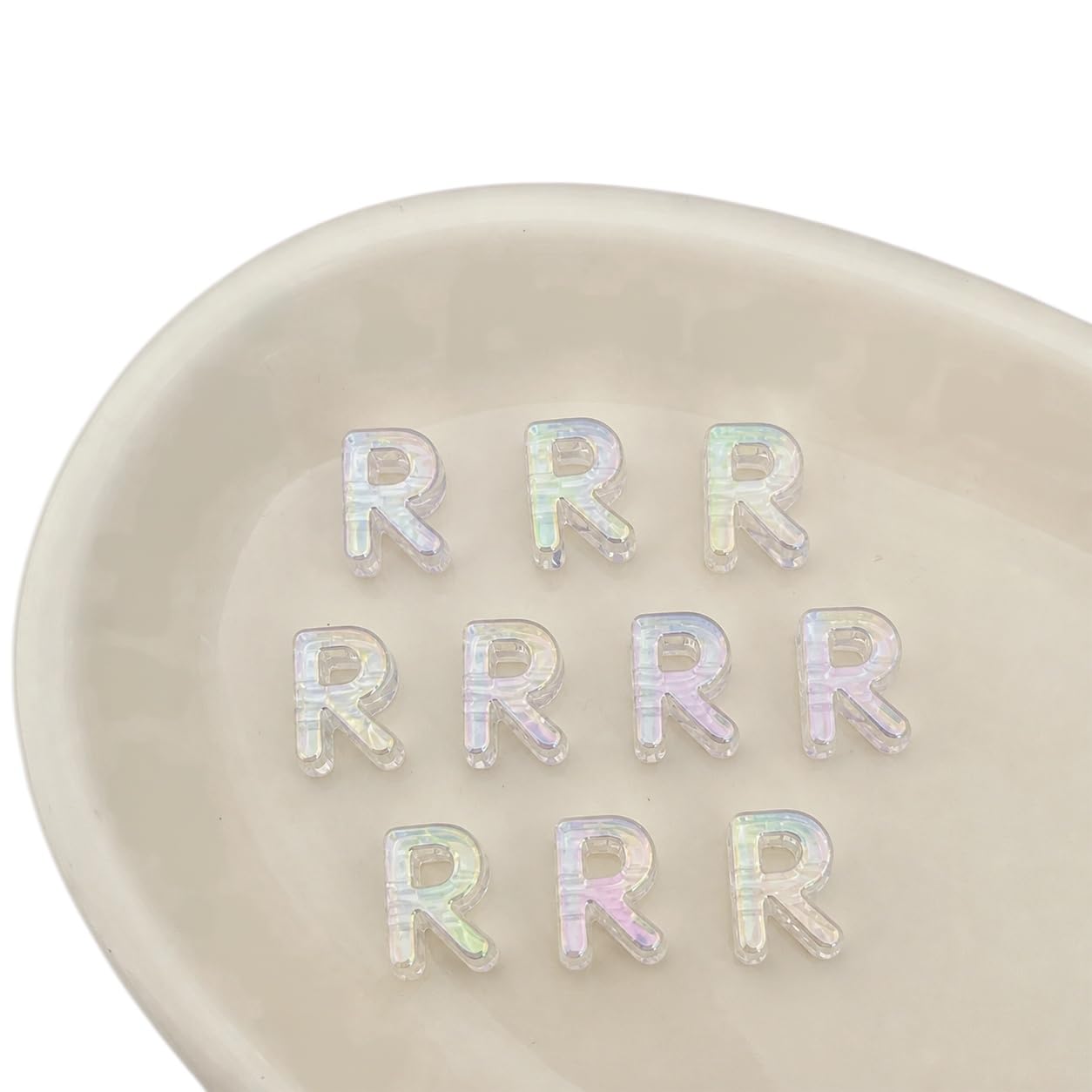 Letter Beads 10pcs, Large Acrylic Alphabet Beads with 6mm Hole, Iridescent Holographic UV Plated for Bracelet Making, Jewellery, Keyrings & Craft (Iridescent Aurora White, Letter R)