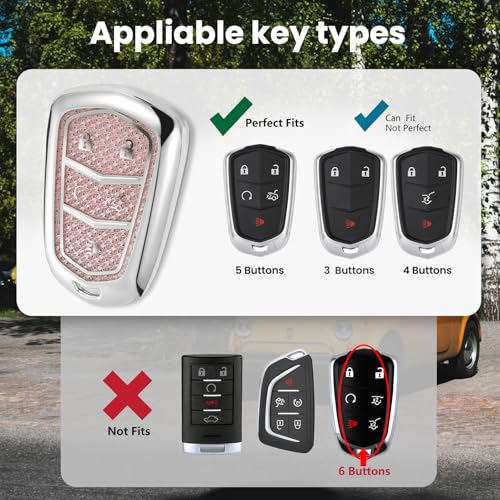 Image of Car Key Fob Cover for Cadillac XT6, Rhinestone Wristlet Case, Pink