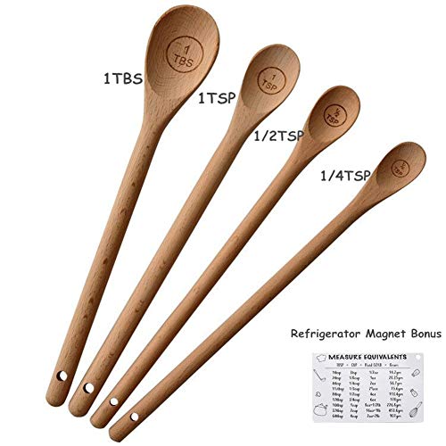 Handcrafted Set of 4 9 Long Handle Wooden Measuring Engraved Spoons for Dry and Liquid Ingredients Magnetic Measurements Card Beech Wood 1TBS1TSP12TSP14TSP