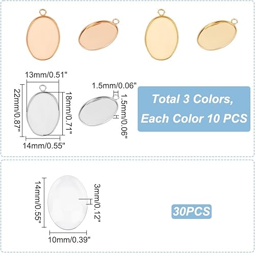 Miniatura 3 de UNICRAFTALE 30 juegos de 3 colores 304 de acero inoxidable ovalado en blanco con cabujones de vidrio de 0.709 x 0.512 in bandejas hipoalergénicas