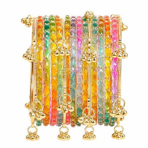 Image of Kashmiri Ghangharoo Glass Bangle Set for Women| Light Weight Bangles | Traditional Transparent Fancy Glass Chudi Set for Wedding, Party|Set Of 16(12 Glass + 4 ghungroo bangles)