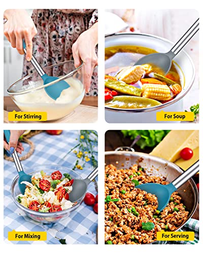 Pack of 2 Large Silicone Cooking Spoon Non Stick Solid Basting Spoons Heat-Resistant Kitchen Utensils for Mixing Serving (Gray-Blue) - Image 4