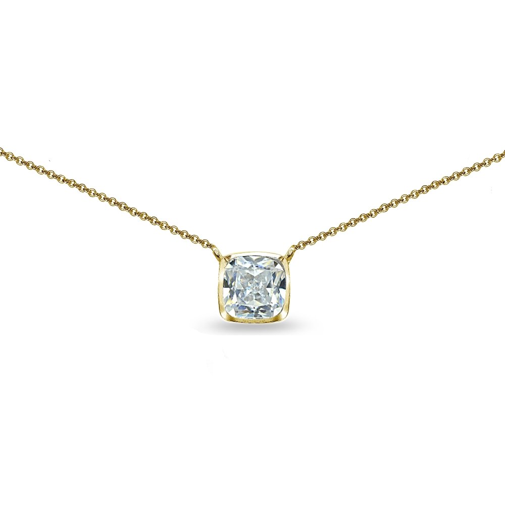 B. BRILLIANT Sterling Silver Cubic Zirconia Cushion-Cut Bezel-Set Solitaire Dainty Short Choker Necklace for Women