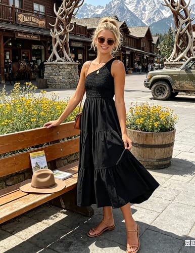 Image of ZESICA Women's 2026 Bohemian Summer Floral Print One Shoulder Sleeveless Smocked Ruffle Tiered Beach Long Midi Dress