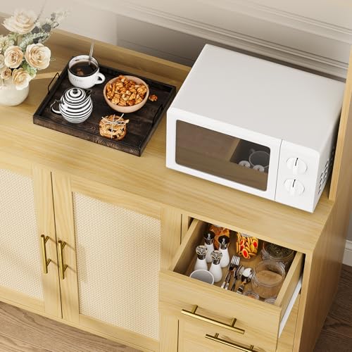 71" Tall Kitchen Pantry Cabinet with Storage, Freestanding Hutch Sideboard Buffet Cabinet with Rattan Door, 3 Drawers, 6 Hooks, Adjustable Shelves, Microwave Stand Countertop for Living Room by IDEALHOUSE - Image 4