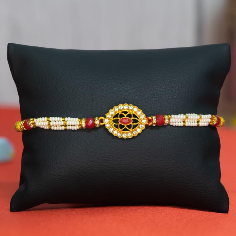 Image of Canton Rakhi With Chocolate Gift Combo, Pack of 3 Designer Rakhii For Brother With Chocolate Gift, Roli & Greeting Card (Design-17, Rakhi With Cadbury)