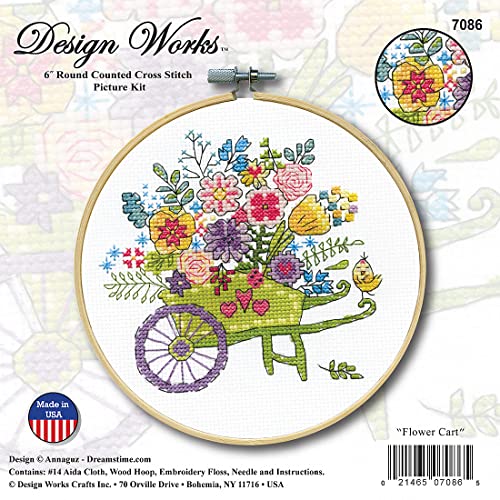 Image of Design Works Crafts Flower Cart Counted Cross Stitch Kit with Hoop