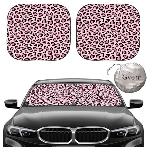 Gven Windshield Sun Shade 2pcs with Bonus Pink Car Sunshade for Front Window Shades 2025 Technology Reflect UV and Heat Sun Visor Automotive Accessories Interior Sun Protection (Pink Leopard M)