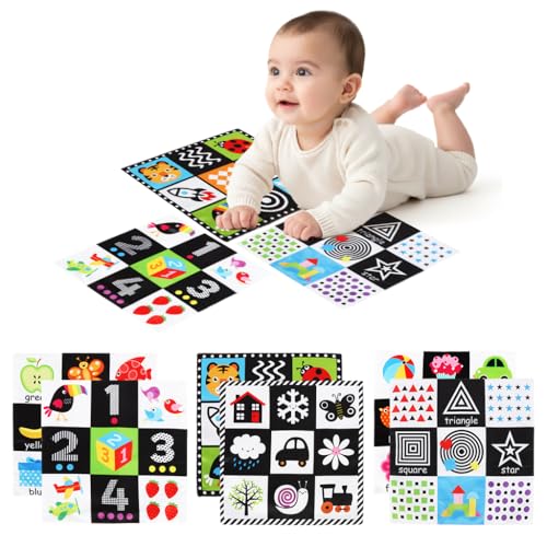 Image of SNOWIE SOFT 3Pcs Tummy Time Toys for Babies, Colored Baby Toys for 6 to 12 Months with 9-Grid Double-Sided Cartoon Printed Crinkle Fabric Handkerchief for Visual Sensory Development, Washable