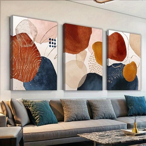 Toile murale abstraite salon triptyque géométrique scandinave bleu marron 60x80