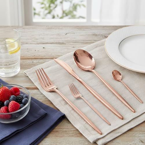 Image of Slim Handle Rose Gold 25 Pcs Stainless Steel Cutlery Set for Dining Table, Dishwasher Safe Glossy Flatware (5 Spoon Set+5 Forks Set+5 Butter Knife+5 Dessert Spoon+5 Fruit Fork)