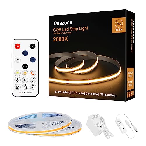 Tatazone 32.8ft 2000K Yellow COB Strip Lights with Wireless RF Remote, Dimmable Bright Amber COB Light Strip, Flexible Indoor Adhesive COB Led Lights for Window, Living Room, Shelf Tatazone 32.8ft 2000K Yellow COB Strip Lights with Wireless RF Remote, Dimmable Bright Amber COB Light Strip, Flexible Indoor Adhesive COB Led Lights for Window, Living Room, Shelf