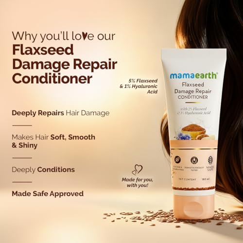 Image of Mamaearth Flaxseed Damage Repair Conditioner with 2% Flaxseed, 1% Hyaluronic Acid, Ceramides | Makes Hair Soft, Smooth & Shiny | Deeply Conditions | Dry & Frizzy Hair | Sulphate & Paraben Free | 180 ml